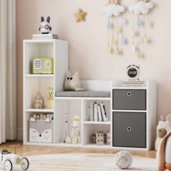 Kids Bookshelf, Children Bookcase With Soft Cushion Seat – Children’s Toy Storage Cubby & Reading Nook, 44.1" Kids Storage Cabinet For Playroom -Homfan GUEST 4e7851be ffdf 4b60 91cd 087792d2b8ea