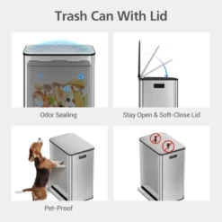 Stainless Steel 8 Gal Dual Compartment Trash Can W/ Soft Close Lid, Foot Pedal & 2 Removable Buckets For Kitchen Waste Sorting