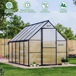 Homfan Aluminum Polycarbonate Greenhouse W/ Roof Vent - Heavy Duty Quick Setup Walk-in Greenhouse For Outdoors, Black