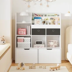 Kids Wooden Bookshelf With 4 Drawers Children Bookcase 47.4in Baby Storage Book Rack Toy Organizer Cabinet Chest Toddle Book Display Shelf