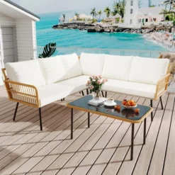 4 Pieces Patio Furniture Sets Wicker Outdoor Sectional L-Shaped With Cushions & Side Table And Chairs Set,Backyard,Porch, Beige 17 4 Pieces Patio Furniture Sets Wicker Outdoor Sectional L-Shaped With Cushions & Side Table And Chairs Set,Backyard,Porch, Beige -Homfan GUEST 55dbb4bc 7e85 4328 b23a decb7ee497ff