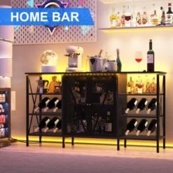 Wine Cabinet With LED Lighting, Metal Sideboard & Stemware Rack, Rustic Buffet Console For Living Room -Homfan GUEST 5d1a08eb 515a 4e01 9490 af3224e3815c