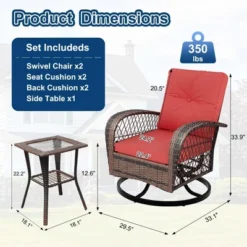 3 Piece Outdoor Swivel Chairs, Wicker Patio Bistro Set With Thickened Cushions And Side Table, Patio Swivel Rocking Chairs For Porch, Backyard