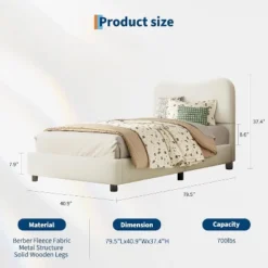 Beige Twin Kids Bed Frame With Upholstered Headboard And Soft Boucle Fabric For Girls And Boys, Heavy Duty, Wooden Slats,No Box Spring Needed