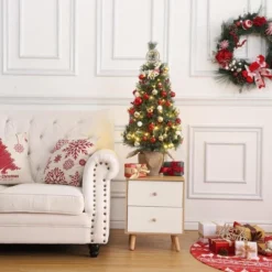 Small Xmas Tree, Mini Christmas Tree W/Lights, 3ft Christmas Tree Pre-lit W/78 Warm White LED Lights,Red Berry Clusters And Cloth Bag Base,2pcs -Homfan GUEST 5eb85aa5 2db6 4856 adaf 1b3f07c3d65a