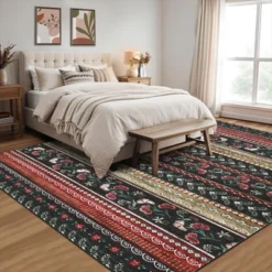Area Rug For Living Room, Low Pile, High Traffic Indoor Carpet, Modern Floral, Fade-Resistant, Non-Slip, Contemporary Boho Rug For Baby Room