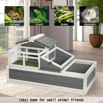 3-Room Tortoise Villa - Wooden Reptile Habitat W/ Pull-Out Tray, Ramp & Grass Mat, Open Roof For Indoor/Outdoor Use 5 3-Room Tortoise Villa - Wooden Reptile Habitat W/ Pull-Out Tray, Ramp & Grass Mat, Open Roof For Indoor/Outdoor Use - Image 3