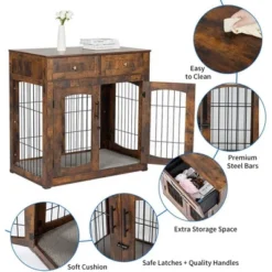 Wooden Dog Crate End Table With 3 Doors, 2 Drawers & Cushion | Furniture-Style Kennel For Small Large Breeds -Homfan GUEST 6858e347 c88d 4ce9 bca8 8aca5d8a67be