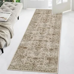 Washable Area Rug – Non-Slip Ultra-Thin Low Pile Vintage Oriental Distressed Carpet For Living Room, Bedroom, Dining, Office & Nursery, Multi-Color