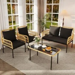 4-Piece Patio Set,Outdoor Wicker Chairs With Glass Table & Cushions,Modern Rattan Bistro Set For Porch,Garden,Balcony -Homfan GUEST 69e9e64f 932c 4201 a6e6 96fdea589f76