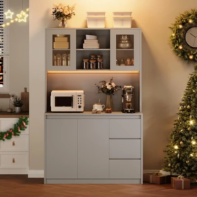 71" Tall Kitchen Pantry Cabinet, Kitchen Storage Hutch With Led Lights And Power Outlets, Microwave Stand, Glass Door, Adjustable Shelves 10 71" Tall Kitchen Pantry Cabinet, Kitchen Storage Hutch With Led Lights And Power Outlets, Microwave Stand, Glass Door, Adjustable Shelves - Image 8