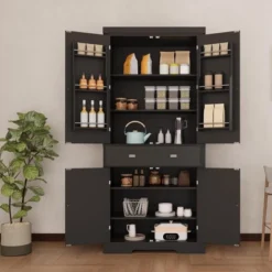 72in Tall Kitchen Pantry Cabinet, Farmhouse Large Cupboard Storage Cabinet With Adjustable Shelves 6 Door Racks For Living Dining Room Laundry