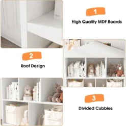 Toy Storage Organizer 5-Cubby Kids Bookshelf, White Wooden Bookcase With Roof Design, Playhouse Cabinet Shelf For Boys And Girls,Kids Room 14 Toy Storage Organizer 5-Cubby Kids Bookshelf, White Wooden Bookcase With Roof Design, Playhouse Cabinet Shelf For Boys And Girls,Kids Room -Homfan GUEST 6c0a9483 45a0 46be bcdb 2a5e43067181