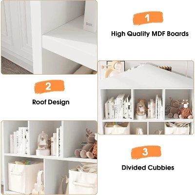 Toy Storage Organizer 5-Cubby Kids Bookshelf, White Wooden Bookcase With Roof Design, Playhouse Cabinet Shelf For Boys And Girls,Kids Room 7 Toy Storage Organizer 5-Cubby Kids Bookshelf, White Wooden Bookcase With Roof Design, Playhouse Cabinet Shelf For Boys And Girls,Kids Room - Image 5