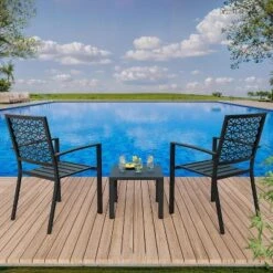 Homfan 3-Piece Outdoor Bistro Set - Modern Steel Patio Furniture With 2 Stackable Chairs & 1 Table For Garden, Balcony, Poolside