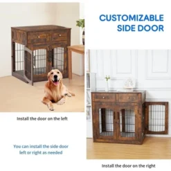 Wooden Dog Crate End Table With 3 Doors, 2 Drawers & Cushion | Furniture-Style Kennel For Small Large Breeds -Homfan GUEST 6d8ab928 106b 48c7 a692 1970bce89a91