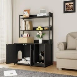 Litter Box Enclosure W/2 Storage Shelves Hidden Cat Litter Box Furniture W/Scratch Pad Indoor Cat House Kitty Box Washroom Cat Bookshelf Cabinet -Homfan GUEST 7037deda eeec 4b3e ad71 d7a9cd8525e1