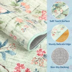Washable Floral Peacock Print Rug - Low Pile Reversible Accent Carpet For Bedroom, Kitchen, Nursery & Living Room -Homfan GUEST 7680402d 84fd 49fe 8258 a10c577343dd
