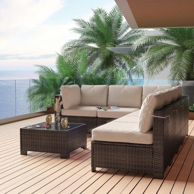 7-Piece Outdoor Patio Furniture Set, All-Weather Wicker Sectional Sofa With Cushions & Coffee Table, Rattan Set For Garden, Porch, Balcony 4 7-Piece Outdoor Patio Furniture Set, All-Weather Wicker Sectional Sofa With Cushions & Coffee Table, Rattan Set For Garden, Porch, Balcony - Image 2