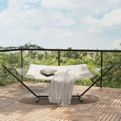 2-Person Hammock With Iron Stand - 475Lb Capacity, Portable, Polyester Net & Cotton Cushion For Garden & Camping -Homfan GUEST 7bd0482d 5d00 4a26 9202 a536920295ef