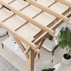 Cedar Wood Pergola With Retractable Oxford Fabric Roof, Wooden Outdoor Patio Canopy Gazebo With Shade -Homfan GUEST 7c2e729d edd4 45a3 a170 4ef17a763d51