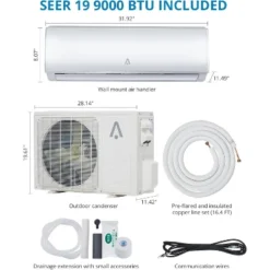 9,000 BTU Mini Split AC With Heat Pump - 20 SEER2, Cools 450 Sq.Ft, WiFi & Remote, 230V, Includes Installation Kit