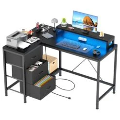 Reversible L Shaped Desk With Power Outlet And 3 Drawer, Computer Desk With Led Lights, Home Office Desk With Monitor Stand,Study Writing Gaming Desk -Homfan GUEST 7eaaf26f b216 46c5 9781 be94fe0b21e2