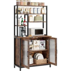 63.78" Bakers Rack With Cabinet And Hooks, 5-Tier Coffee Bar Station With Microwave Space, Brown Industrial Style -Homfan GUEST 7eec2ca2 b99d 4057 934f 4768ce385379