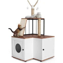 Cat Litter Cabinet, Cat Litter Box Enclosure With Scratching Post, Hanging Balls, 2-in-1 L-Shaped Corner Cat Litter Box With Storage Cabinet -Homfan GUEST 7f0acd2c 0cca 4f8a 87d3 48b9310902cd