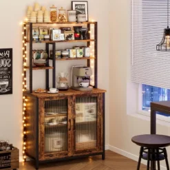 63.78" Bakers Rack With Cabinet And Hooks, 5-Tier Coffee Bar Station With Microwave Space, Brown Industrial Style -Homfan GUEST 8038f95e a869 443d 8663 1f6bb1c8946a