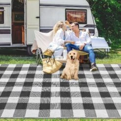 Waterproof Outdoor Rug Uv Resistant Plastic Straw Rug Modern Checkerboard Reversible Plaid Camping Carpet Picnic Mat For Beach, Backyard -Homfan GUEST 8230a4e2 5044 402e ab05 4a417a7035f4