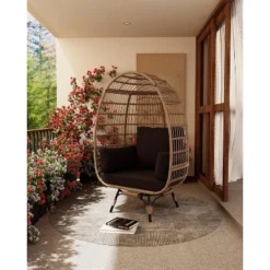 Outdoor Wicker Egg Chair Rattan Chair With Cushion, 360°Swivel Oversized Patio Lounge Chair Steel Frame & Thick Cushions, Black -Homfan GUEST 8307c869 ae5f 42e7 ae80 32b52686ba95
