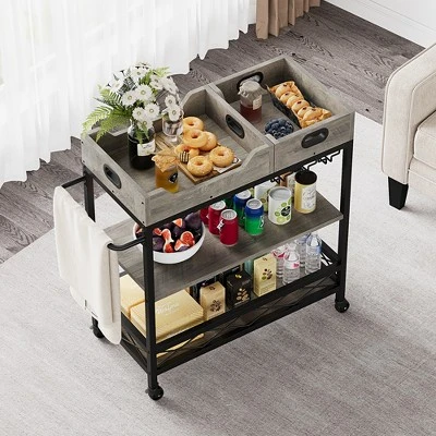 3-Tier Home Bar Cart, Bar Cart W/Wheels, Bar Cart, Two Portable Trays/Wine Rack/Industrial Serving Cart, For Kitchen, Living Room, Dining Room, Grey 3 3-Tier Home Bar Cart, Bar Cart W/Wheels, Bar Cart, Two Portable Trays/Wine Rack/Industrial Serving Cart, For Kitchen, Living Room, Dining Room, Grey
