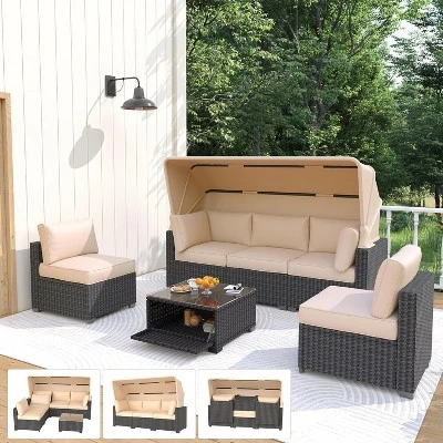 6-Piece Outdoor Patio Set With Waterproof Cushions, Reinforced Glass Table, Canopy & Storage, Durable PE Wicker For Garden And Backyard 4 6-Piece Outdoor Patio Set With Waterproof Cushions, Reinforced Glass Table, Canopy & Storage, Durable PE Wicker For Garden And Backyard - Image 2