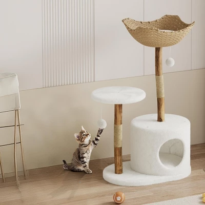 Real Wood Modern Cat Tree Tower, Cat Scratching Post W/Bed For Indoor Cats W/Natural Wicker Condo,Aesthetic Tree Stand,Boho Pet Furniture 3 Real Wood Modern Cat Tree Tower, Cat Scratching Post W/Bed For Indoor Cats W/Natural Wicker Condo,Aesthetic Tree Stand,Boho Pet Furniture