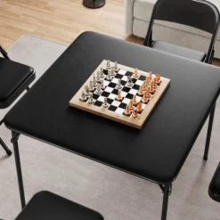 3-Piece Folding Dining Table Set For 2 – Black Faux Leather Tabletop With 2 Padded Chairs, Space-Saving Modern Square Kitchen & Dining Table