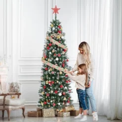 Pre-Lit Slim Christmas Tree With Warm White Lights, Pine Cones & Metal Stand — Weather-Resistant PVC Tips, 6/7.5/9/12 Ft -Homfan GUEST 8f6f15fc e1b0 4111 96e9 f106503dd138