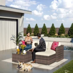 5 Pieces Patio Furniture Set, Outdoor Glass Table And Cushions With Rattan Wicker Chairs, Porch, Balcony, Backyard, Garden -Homfan GUEST 91764244 eabd 496b ab3e 3101169e0d64