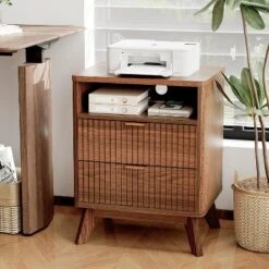 Modern Fluted Night Stand, Wood Nightstand With USB Ports And Outlets, 2 Drawers And Open Shelf, Bedside Table End Table.Walnut 2pc