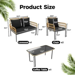 4-Piece Patio Set,Outdoor Wicker Chairs With Glass Table & Cushions,Modern Rattan Bistro Set For Porch,Garden,Balcony