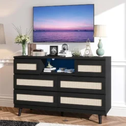 Modern Rattan 6-Drawer Dresser W/ LED Light, Deep Drawers, Wooden Double Dressers For Bedroom, Nursery, Living Room -Homfan GUEST 97dd1596 dccf 4a02 bccb f4f62334da29