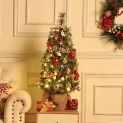 Small Xmas Tree, Mini Christmas Tree W/Lights, 3ft Christmas Tree Pre-lit W/78 Warm White LED Lights,Red Berry Clusters And Cloth Bag Base,2pcs -Homfan GUEST 9a2c9814 e2ea 445a 9e2a f74f8482bdc6