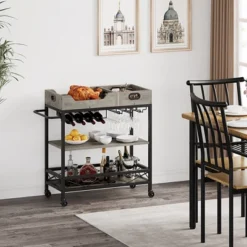 3-Tier Home Bar Cart, Bar Cart W/Wheels, Bar Cart, Two Portable Trays/Wine Rack/Industrial Serving Cart, For Kitchen, Living Room, Dining Room, Grey 12 3-Tier Home Bar Cart, Bar Cart W/Wheels, Bar Cart, Two Portable Trays/Wine Rack/Industrial Serving Cart, For Kitchen, Living Room, Dining Room, Grey -Homfan GUEST 9a6390a1 d063 47a0 96c3 b47d7a26e764