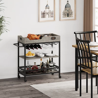 3-Tier Home Bar Cart, Bar Cart W/Wheels, Bar Cart, Two Portable Trays/Wine Rack/Industrial Serving Cart, For Kitchen, Living Room, Dining Room, Grey 5 3-Tier Home Bar Cart, Bar Cart W/Wheels, Bar Cart, Two Portable Trays/Wine Rack/Industrial Serving Cart, For Kitchen, Living Room, Dining Room, Grey - Image 3