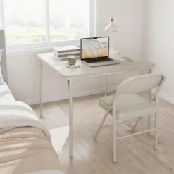 3-Piece Folding Dining Table Set For 4 – Beige Faux Leather Tabletop With 4 Padded Chairs, Space-Saving Modern Square Kitchen & Dining Table -Homfan GUEST 9b29f2a5 06a5 488b b61d a5550aa2b714