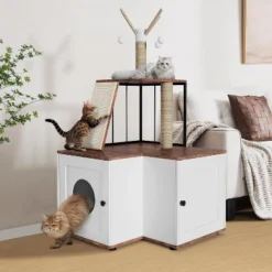 Cat Litter Cabinet, Cat Litter Box Enclosure With Scratching Post, Hanging Balls, 2-in-1 L-Shaped Corner Cat Litter Box With Storage Cabinet