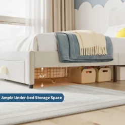 Upholstered Kids Bed Frame With Safe Headboard, Noise-Free Storage Drawer & Strong Wood Slats, Easy Assembly Platform Bed,Beige -Homfan GUEST 9ec42248 4ba2 4e01 b4d7 4b3295d08694