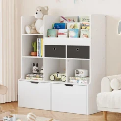 Kids Wooden Bookshelf With 4 Drawers Children Bookcase 47.4in Baby Storage Book Rack Toy Organizer Cabinet Chest Toddle Book Display Shelf -Homfan GUEST 9fc236ab c326 4d5c 95d7 3bbf51ebe72c