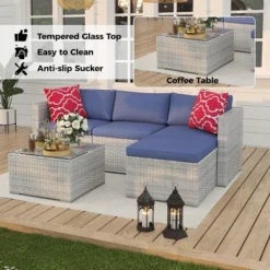 5 Pieces Patio Furniture Set, Outdoor Glass Table And Cushions With Rattan Wicker Chairs, Porch, Balcony, Backyard, Garden -Homfan GUEST a0434e58 973a 4e53 a046 f3b8d695a1d1