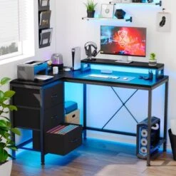 Reversible L Shaped Desk With Power Outlet And 3 Drawer, Computer Desk With Led Lights, Home Office Desk With Monitor Stand,Study Writing Gaming Desk -Homfan GUEST a0a776b5 eaf2 4a5c 8a99 a279add7cf9b